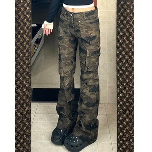 女秋冬新款 复古街头迷彩微喇牛仔裤 修身 显瘦工装 子 大码 阔腿裤 美式