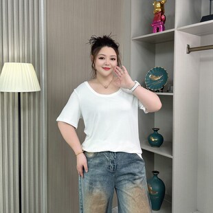 遮肉显瘦百搭宽松纯色正肩打底上衣 t恤女夏季 大码 胖mm简约U领短袖