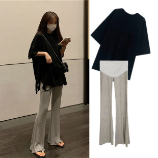 套装 2020新款 韩版 破洞中长款 潮妈外出上衣 孕妇装 T恤休闲大码 夏季