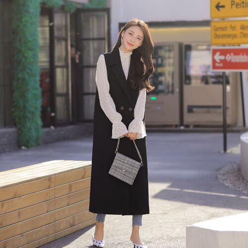 2025韩版西服马甲女过膝春秋新款超长款宽松休闲外套黑色无袖马夹