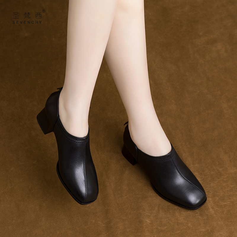 2025春季新款女鞋软皮方头粗跟深口单鞋气质中跟真皮小皮鞋女春秋