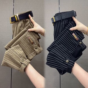 女宽松显瘦休闲裤 纯棉条纹弹力老爹裤 时尚 百搭高腰工装 秋季 裤 新款