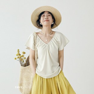 25春夏高级感小飞袖 上衣女气质百搭显瘦V领纯棉奶杏色T恤F950 短袖