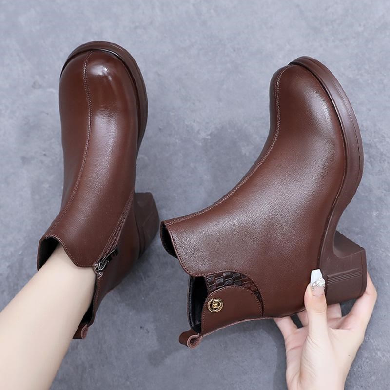 真皮短靴女马丁靴粗跟春秋单靴子中跟妈妈靴冬季加绒棉鞋女士皮鞋