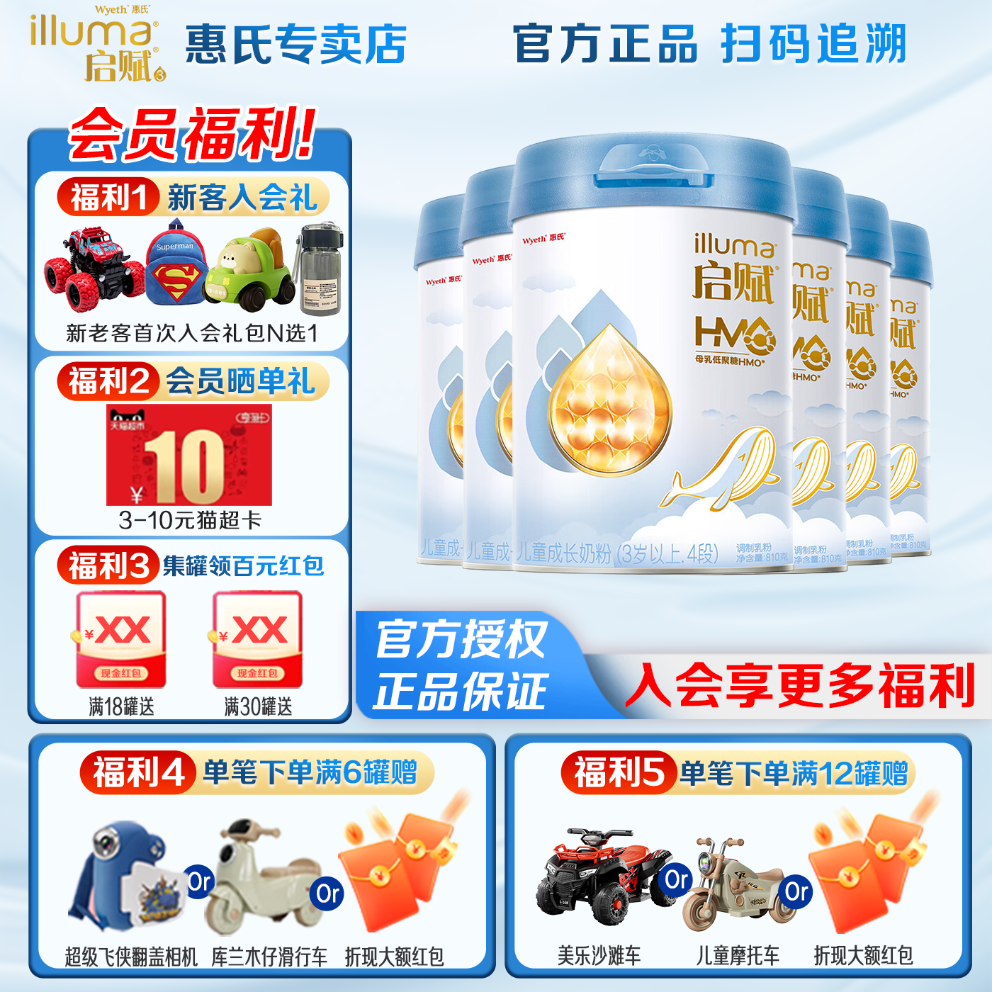惠氏启赋蓝钻4段810g*6罐3-6岁儿童奶粉低聚糖HMO版3岁+,婴童奶粉,儿童奶粉（4段）,淘宝优惠券,粉丝福利购,淘宝优惠卷