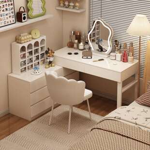 2025新款梳妆台伸缩收纳斗柜一体化妆桌奶油风卧室床头书桌二合一