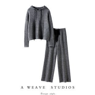 羊绒套装 上衣宽松型直筒阔腿针织裤 女显瘦 连帽套头常规长袖 黑白
