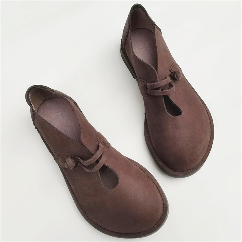 真皮复古文艺大头宽版娃娃鞋女外贸平软底透气头层牛皮原手工单鞋
