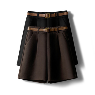 宽松阔腿休闲中裤 五分裤 高腰a字靴裤 女秋冬外穿2024新款 毛呢短裤