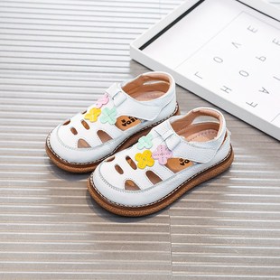 女童凉鞋夏季2024新款公主夏天儿童厚底真皮女孩包头镂空洞洞鞋子