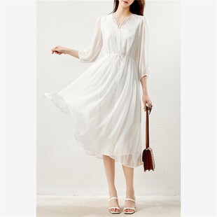 超仙雪纺连衣裙女2025春夏新款轻奢中长款宽松收腰遮肉仙女裙子