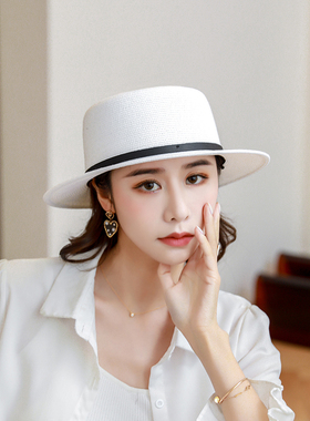 太阳帽女2021新款防晒白色凹顶草帽遮阳帽子女夏沙滩帽英伦礼帽潮