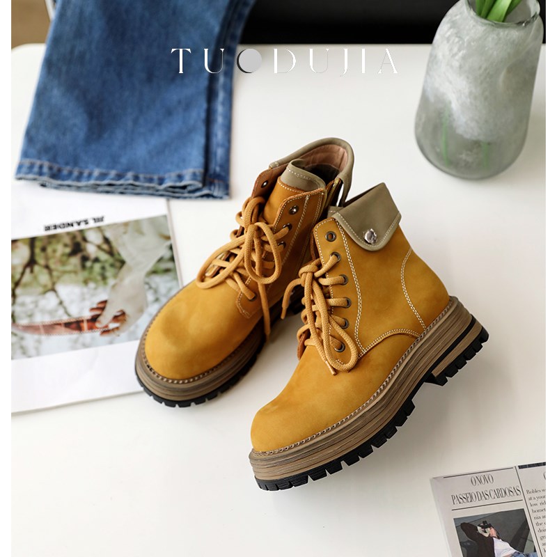 脱毒家 牛皮大黄靴中跟厚底舒适女鞋真皮系带马丁靴休闲低筒短靴