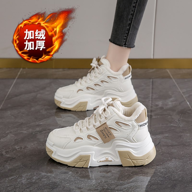 冬季加绒女鞋2024新款增高老爹鞋爆款真皮高帮棉鞋运动学生鞋防滑