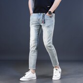 小脚显瘦弹力9分裤 夏季 子 韩版 百搭休闲修身 浅蓝色九分牛仔裤 男款