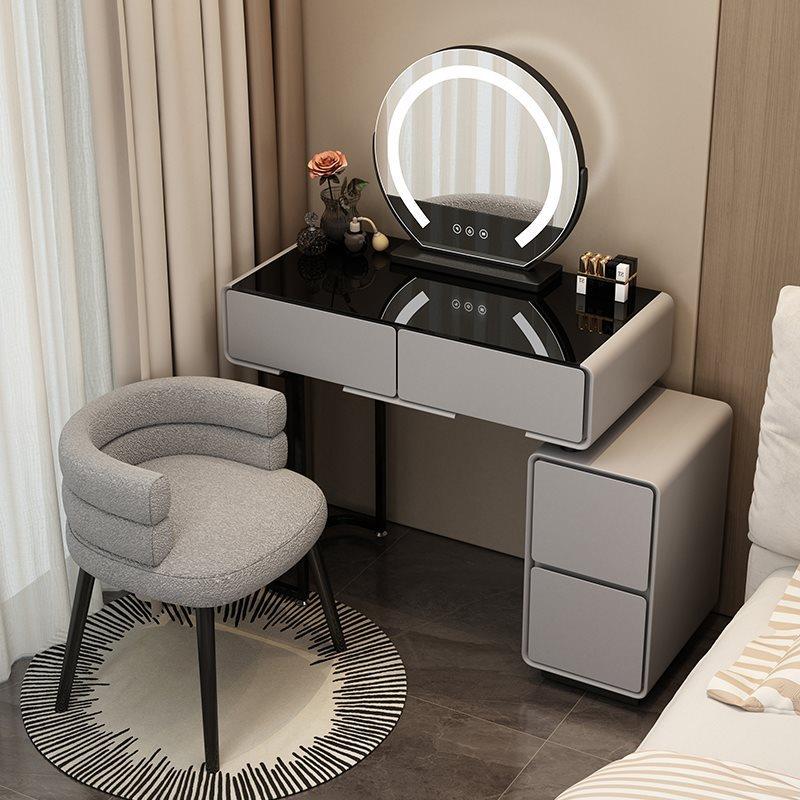 小户型卧室岩板梳妆台60CM现代简约奶油风主卧玻璃斗柜一体化妆桌