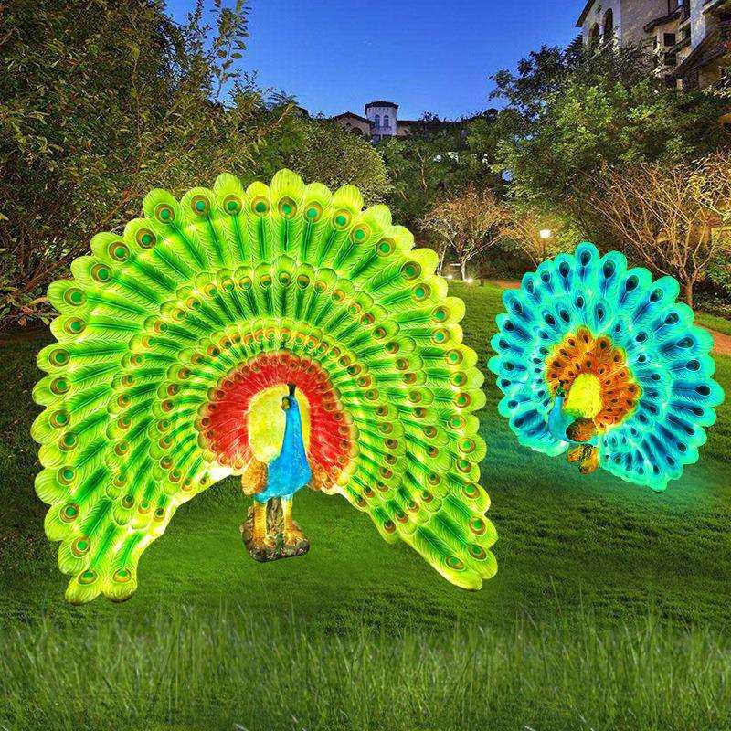 热销玻璃钢花园夜景摆件仿真开屏孔雀鸟类 雕塑装饰LED工艺品布置