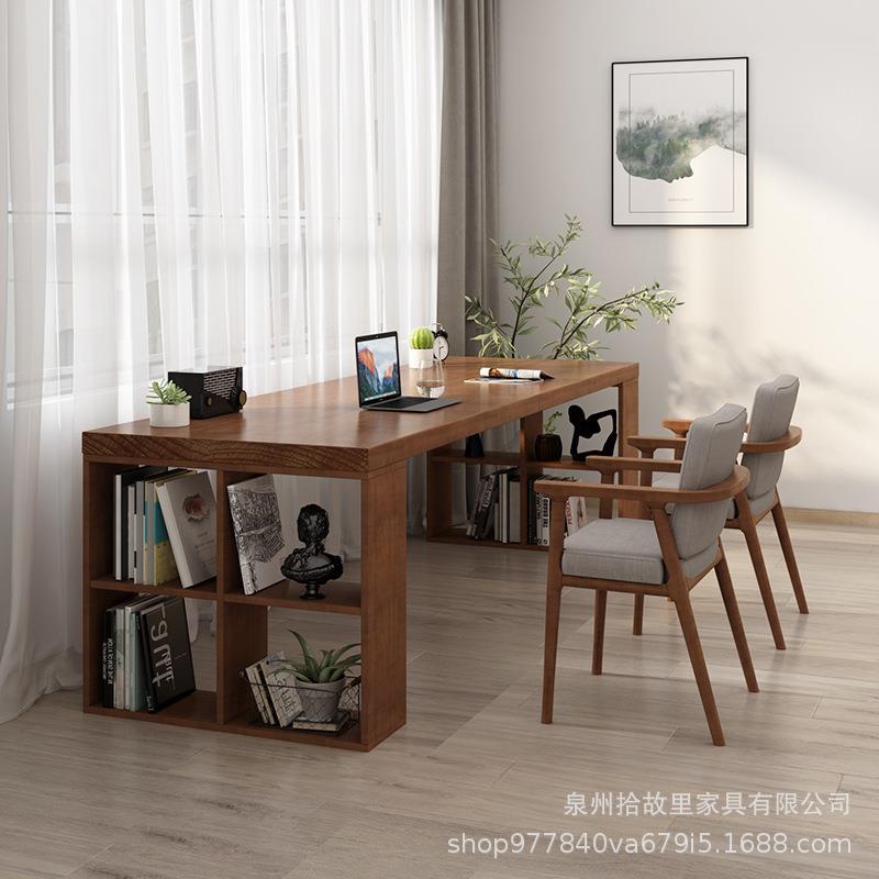简约现代实木书桌置物架家用设计写字台民宿风长条创意原木电脑桌