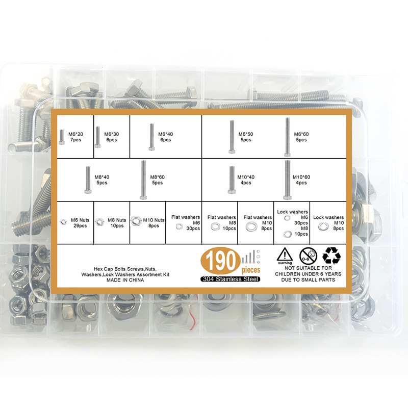 190pcs 不锈钢304 外六角螺丝M6 M8 M10 配螺母平垫弹垫组合套装