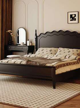 法式复古床黑色简约实木床中古风1.8m双人床美式主卧轻奢大床婚床