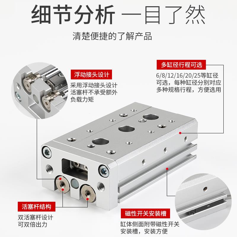 气动滑台气缸MXS6/8/12/16/20-10-30-40-50-75-100HLS直线带导轨