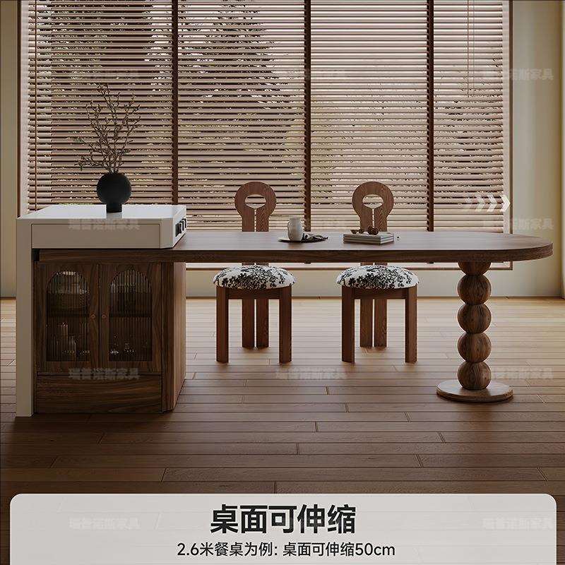 中古风胡桃色岛台餐桌一体可伸缩家用实木厨房倒台多功能高端吧台