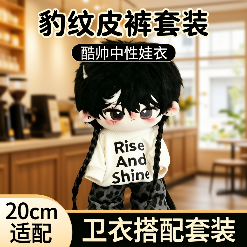 20cm娃衣卫衣娃衣豹纹皮裤套装酷帅霸气中性属性棉花娃娃换装