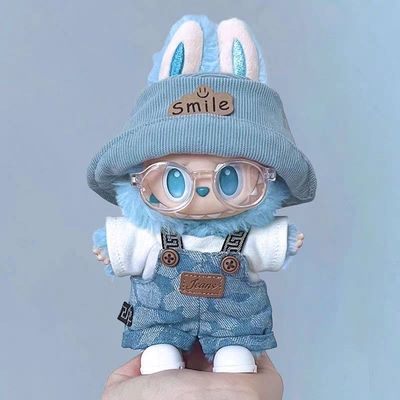 拉布布娃衣幸运迷彩服饰labubu花纹背带裤白T恤衣服17cm适配套装