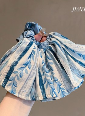 网红蓝色条纹裙摆大肠发圈高级感发绳扎头百搭皮筋低W马尾高弹头