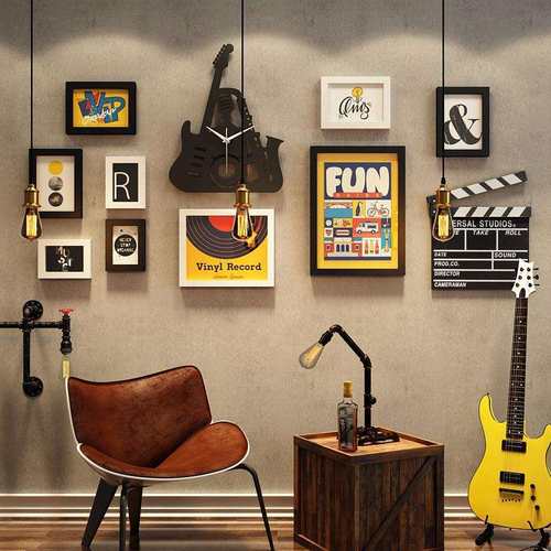 实木_7462_音乐实木照片墙北欧装饰画组合相框摇滚真钟表可换相片