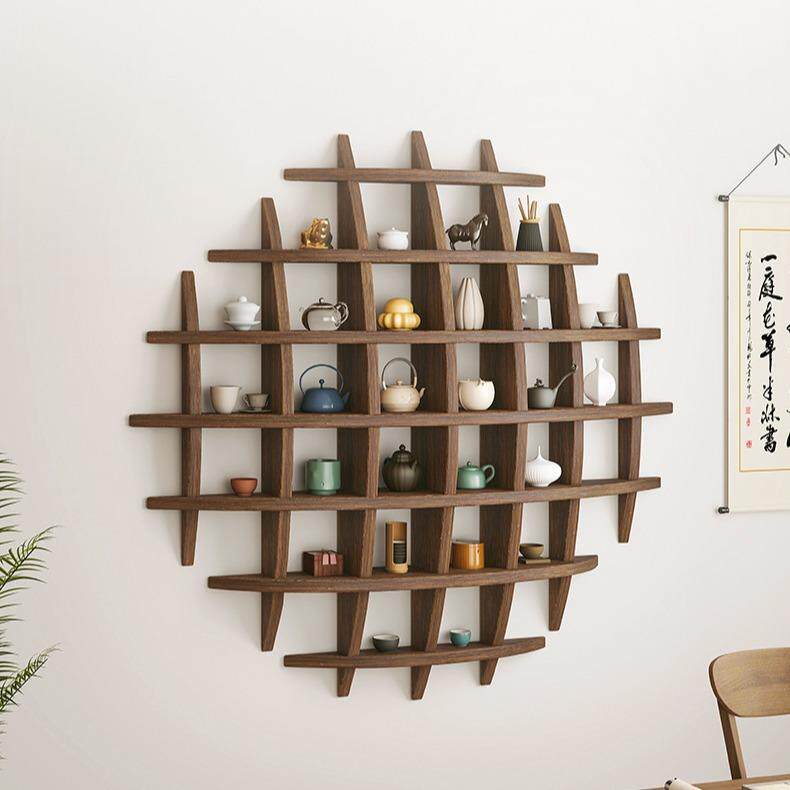 中式木质壁挂博古架客厅装饰背景茶杯茶具架墙上圆形实木多宝阁