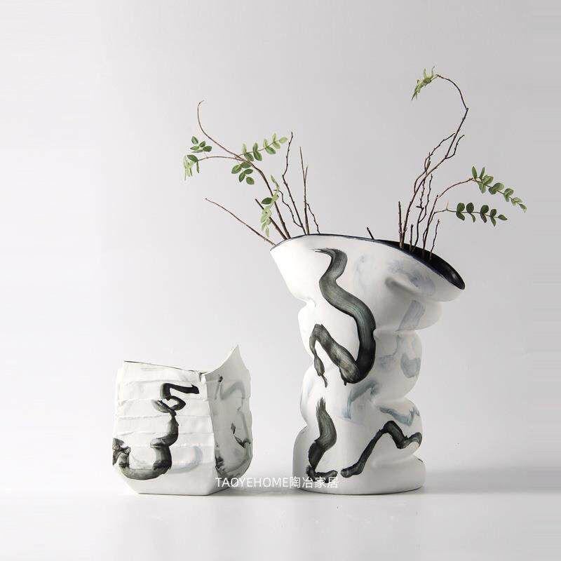 新中式手绘水墨陶瓷花瓶样板间售楼处软装异形插花器餐桌玄关摆件