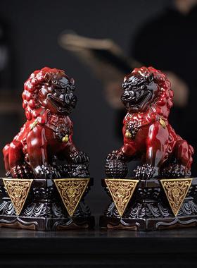中式陶瓷石狮子摆件一对北京宫门中国风家居客厅办公室聚财工艺品