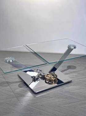 Astrolab北欧经典设计师不锈钢玻璃方形茶几意式旋转式机械茶几