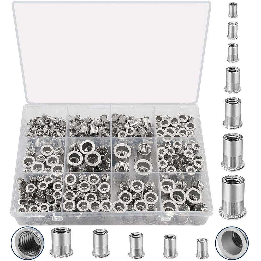 跨境 300PCS 盒装 公制/英制 304不锈钢螺纹平头拉铆螺母套件