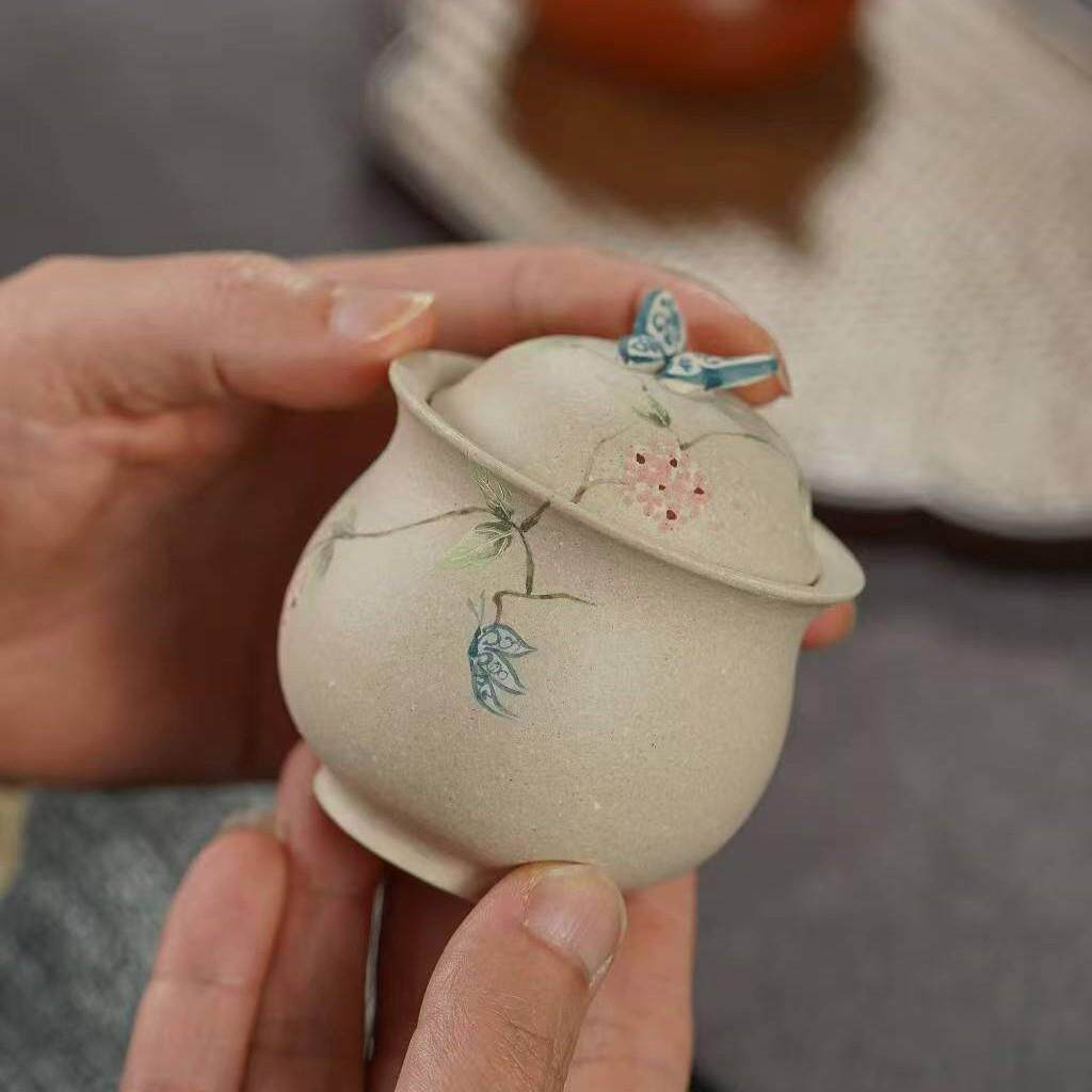 宜兴原矿紫砂白玉段盖碗文人雅器女士泡茶杯茶具手工泥绘蝴蝶杯