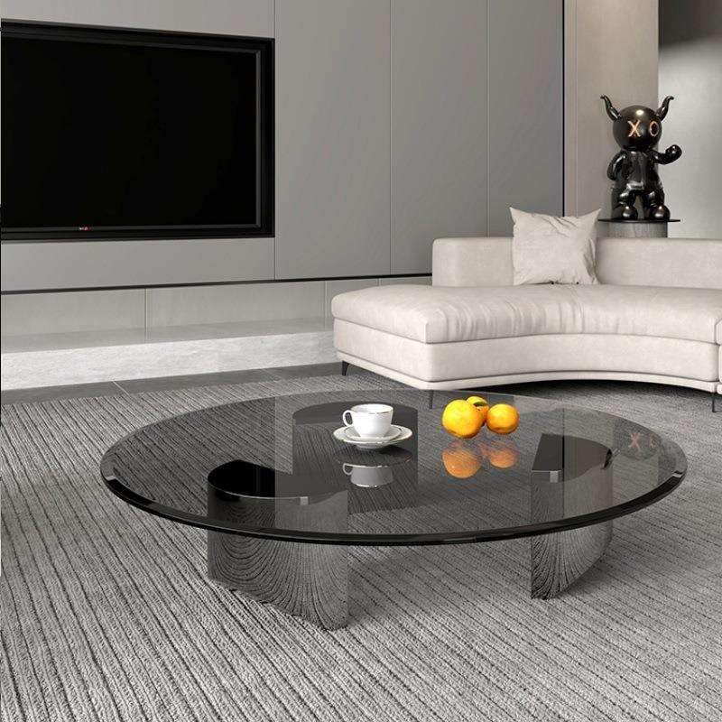 圆形茶几小户型设计师款轻奢极简灰色钢化玻璃茶桌不锈钢镜面茶台