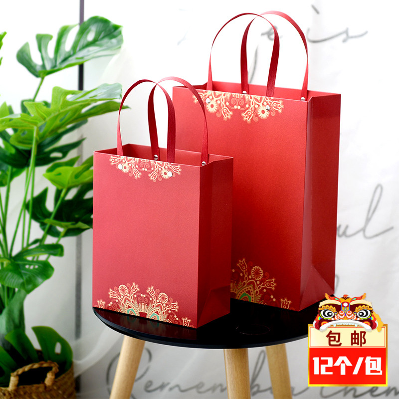 加厚手提铆钉定制logo暗花纸B袋购物礼品包装传统喜庆送礼大小号