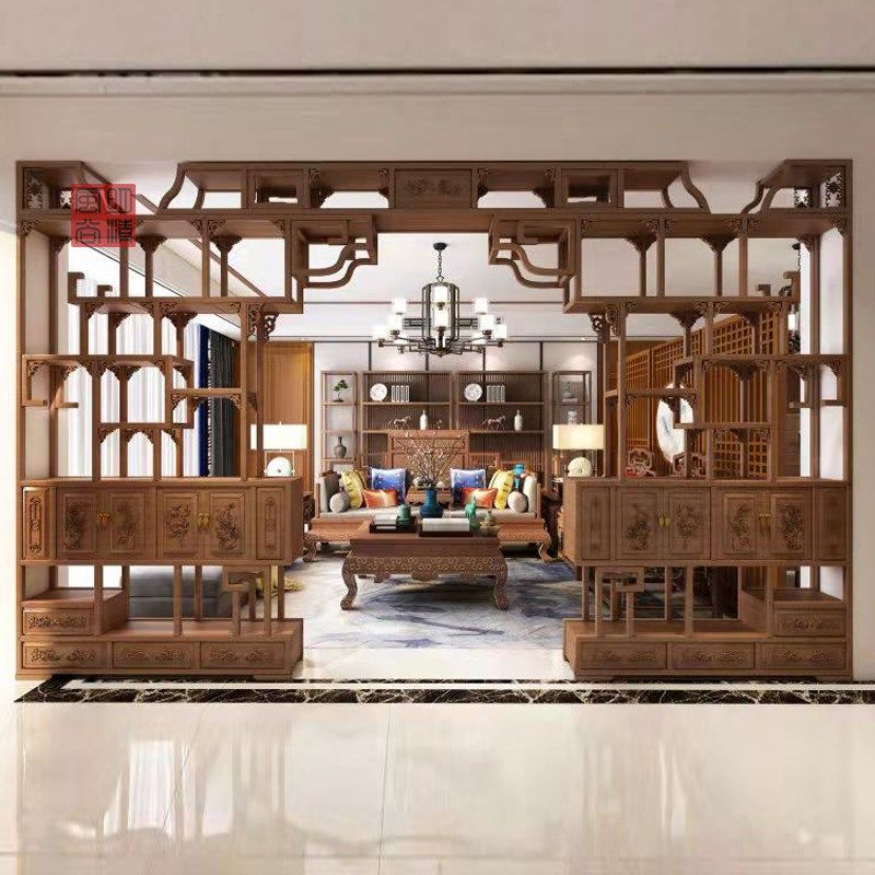 新中式伸缩d月洞门实木博古架隔断客厅门多宝阁玄关柜月亮拱门定