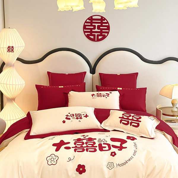 结婚喜庆纯棉100支长绒棉四件套全棉新婚床单被套床笠款床上用品4