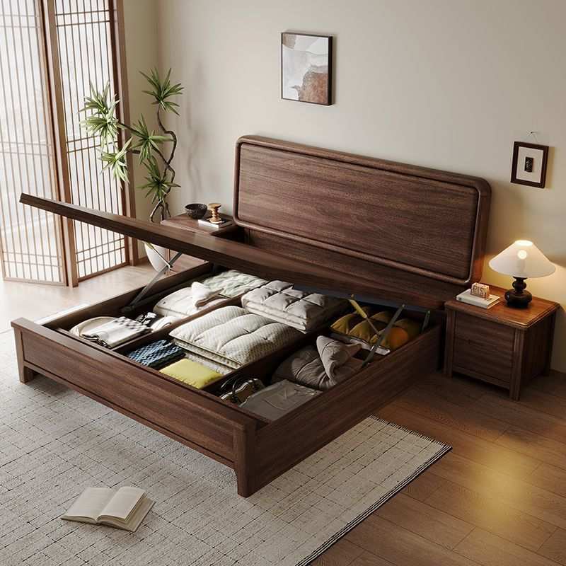 现代简约黑胡桃木实木床1米8双人床气压储物大床中式家用主卧榫卯