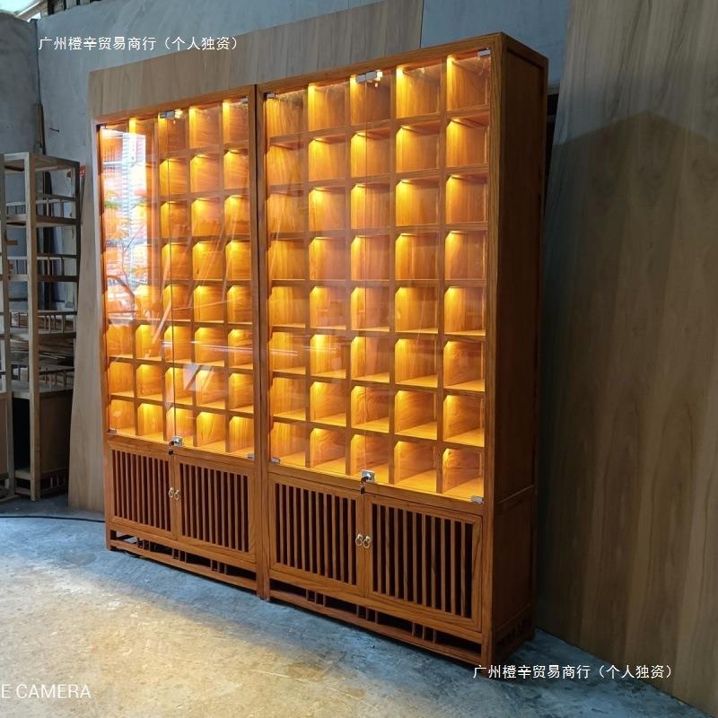 实木格子架紫砂壶玻璃茶杯茶壶多宝阁榆木博古架带灯带灯展示柜子