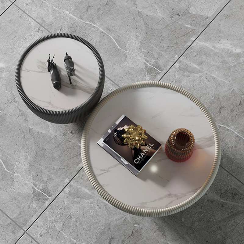 岩板茶几大圆小圆茶几组合现代茶桌简约皮质客厅大小户型边几极简