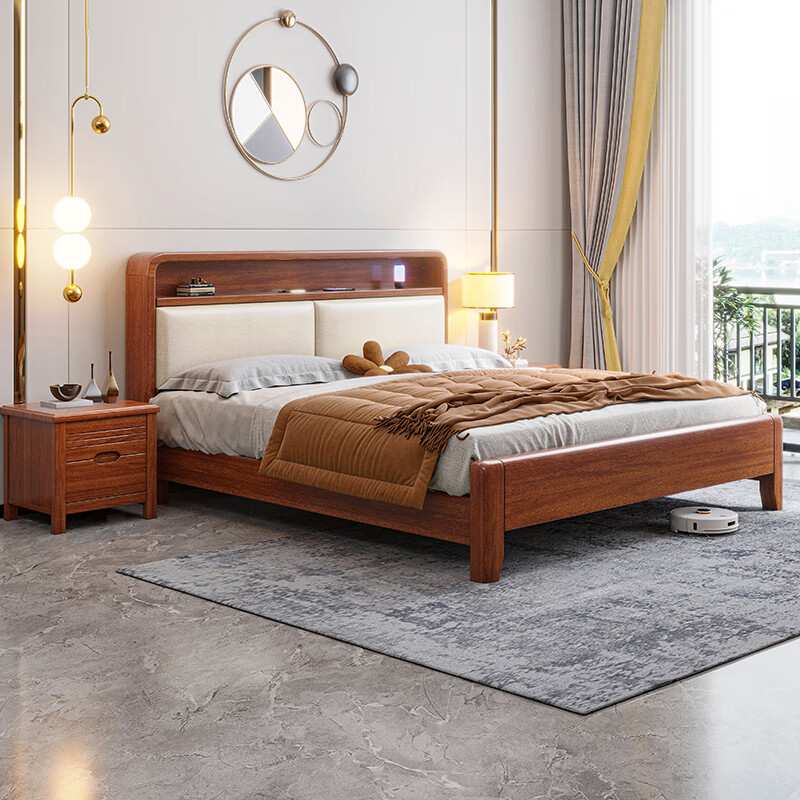 金丝胡桃木实木床1.8m双人床现代简约带储物夜光灯新中式主卧婚床