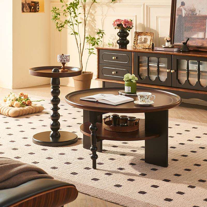 法式复古实木圆几中古客厅家用双层茶几边几组合设计师款小茶桌子