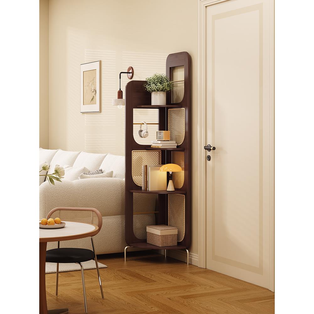 法式中复古实木藤编三拐转角柜子置物书架客厅沙发边收纳屏风装饰