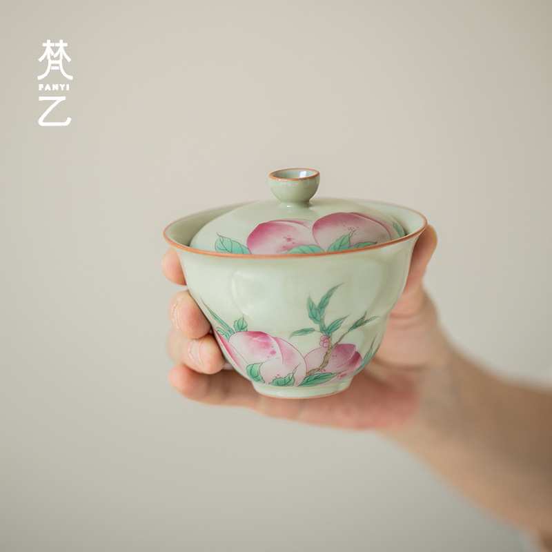 梵乙秘色汝窑贴绘葫芦盖碗家用陶瓷不烫手泡茶碗福禄寿桃茶碗