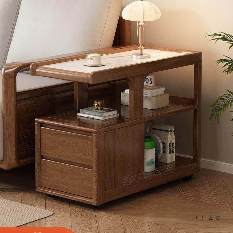 实木沙发边柜侧柜带轮可移动小茶几家用客厅现代简约岩板边几整装