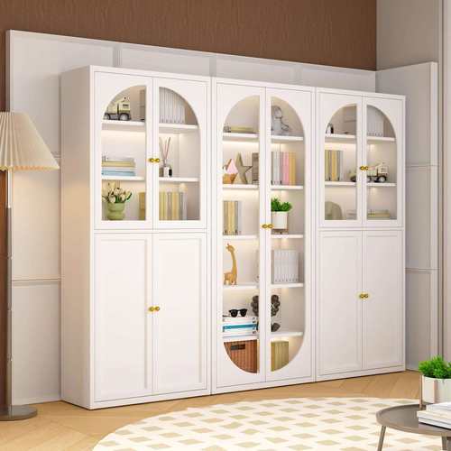 家居书柜带柜门家用客厅防尘书架钢制落地置物柜玻璃门储物展示柜