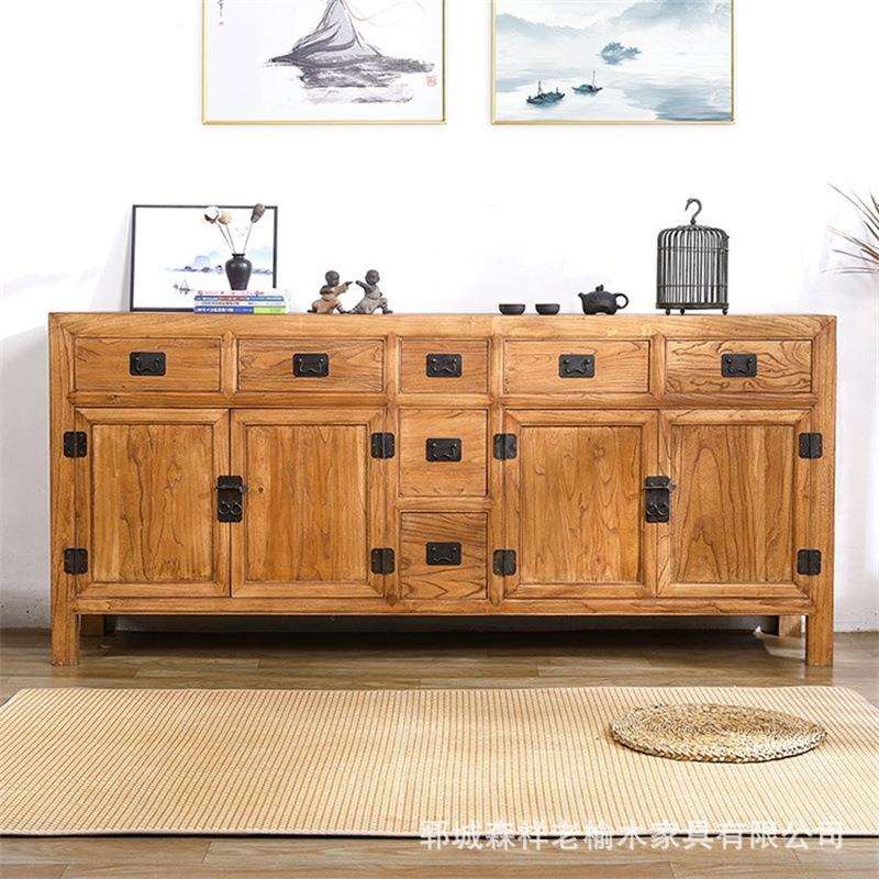 老榆木门板餐边柜置物架中式原木玄关柜子一体靠墙榆木家具储物柜